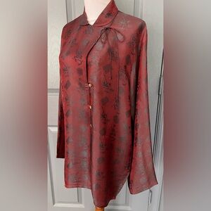 D YOUNG VTG Silk Blend Burgundy/Gray Asian Long Sleeve Shirt.Size Large